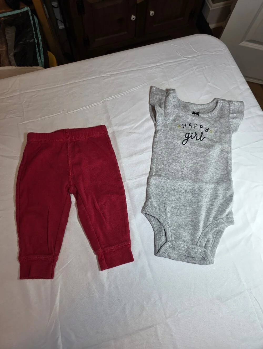 Happy Girl Carters Gray Onesie with Cherry Red Penguin Pants 6 Months EUC